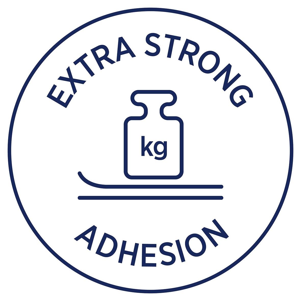 Vit laseretikett med text Extra Strong Adhesion och viktikon, 63,5x33,9mm