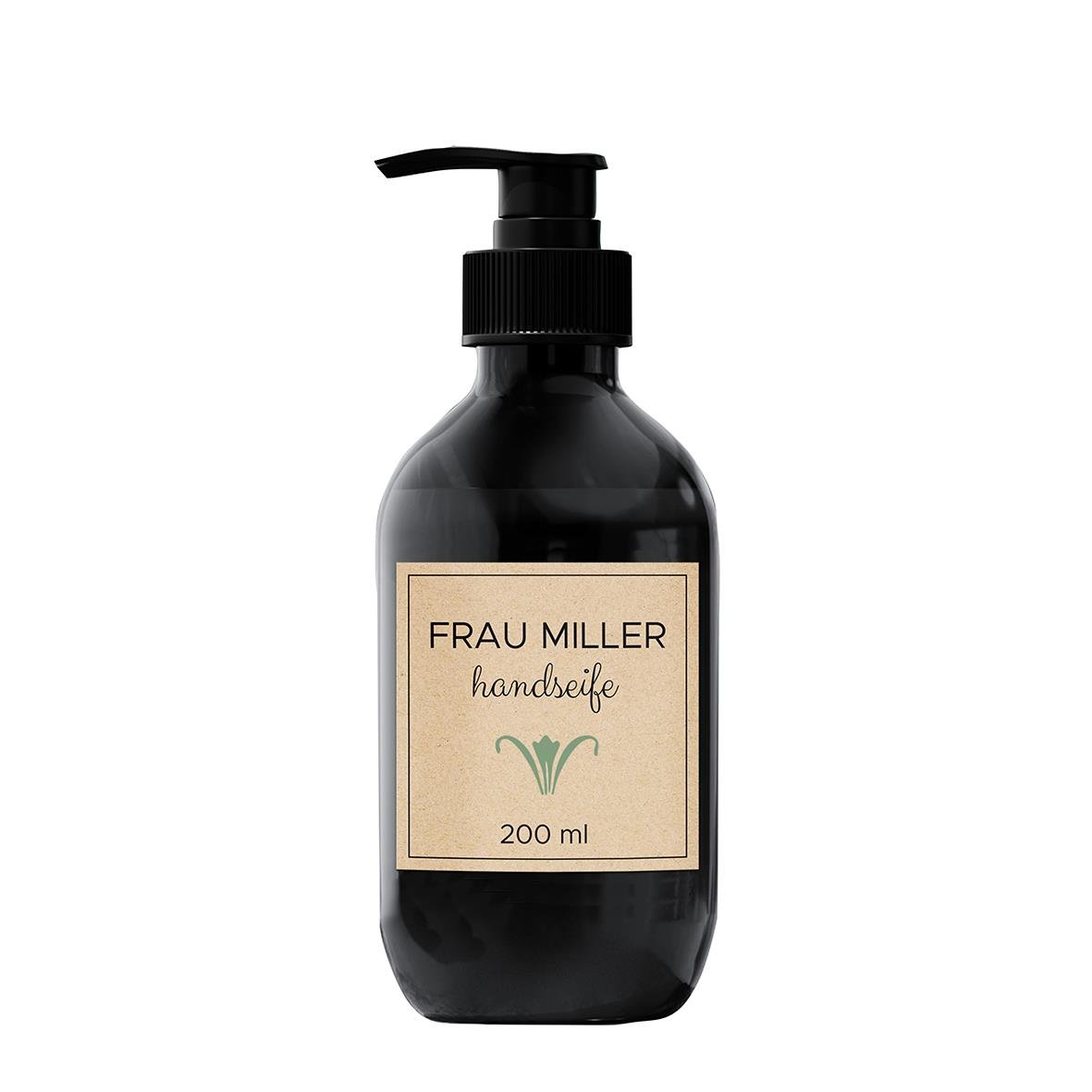 Brun etikett för Avery L7110 återvinning 62x42mm på svart pumpflaska med handtvål