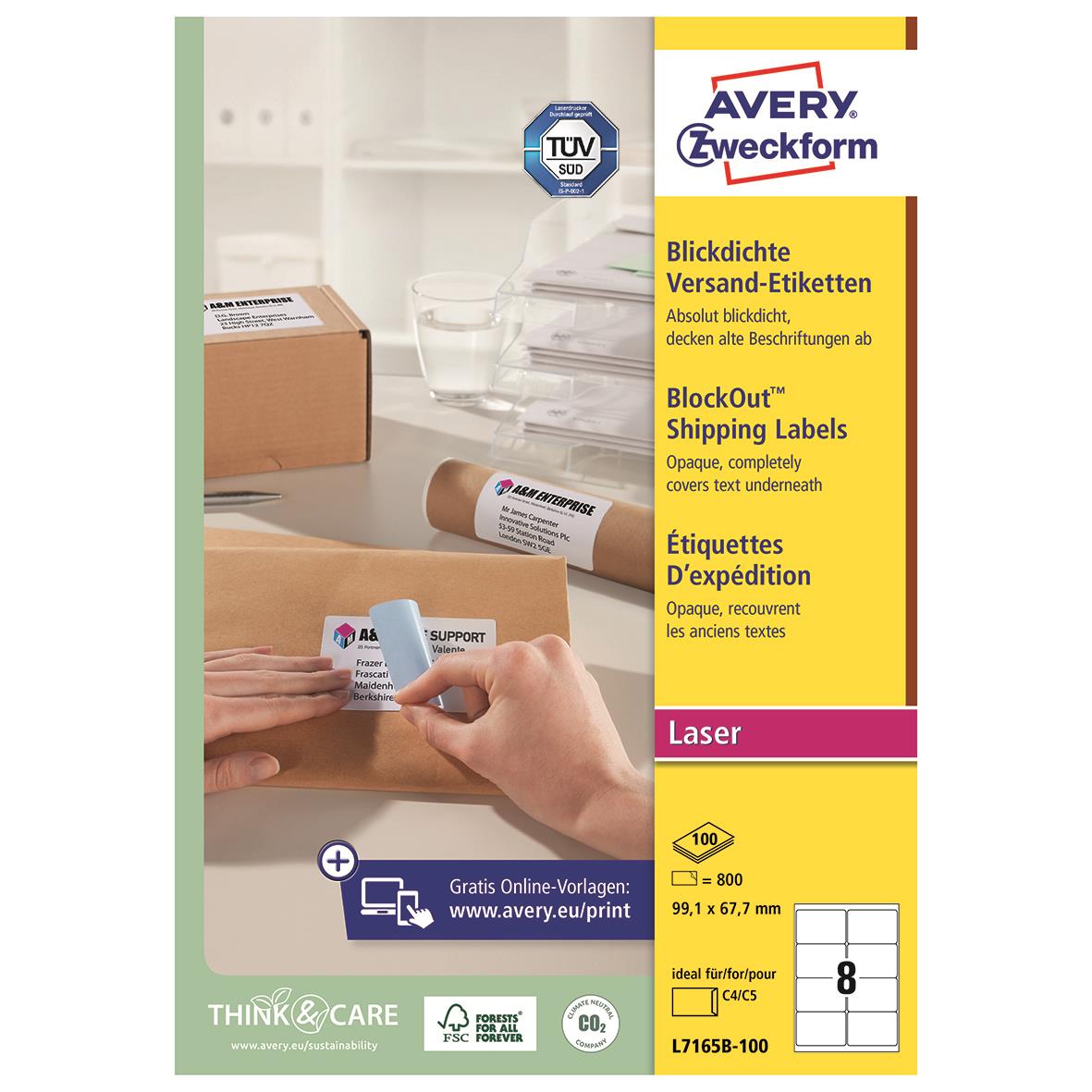 Etikett Avery L7165B BlockOut 99.1 x 67.7mm, ogenomskinlig, förpackning med 100 etiketter, laserutskrift