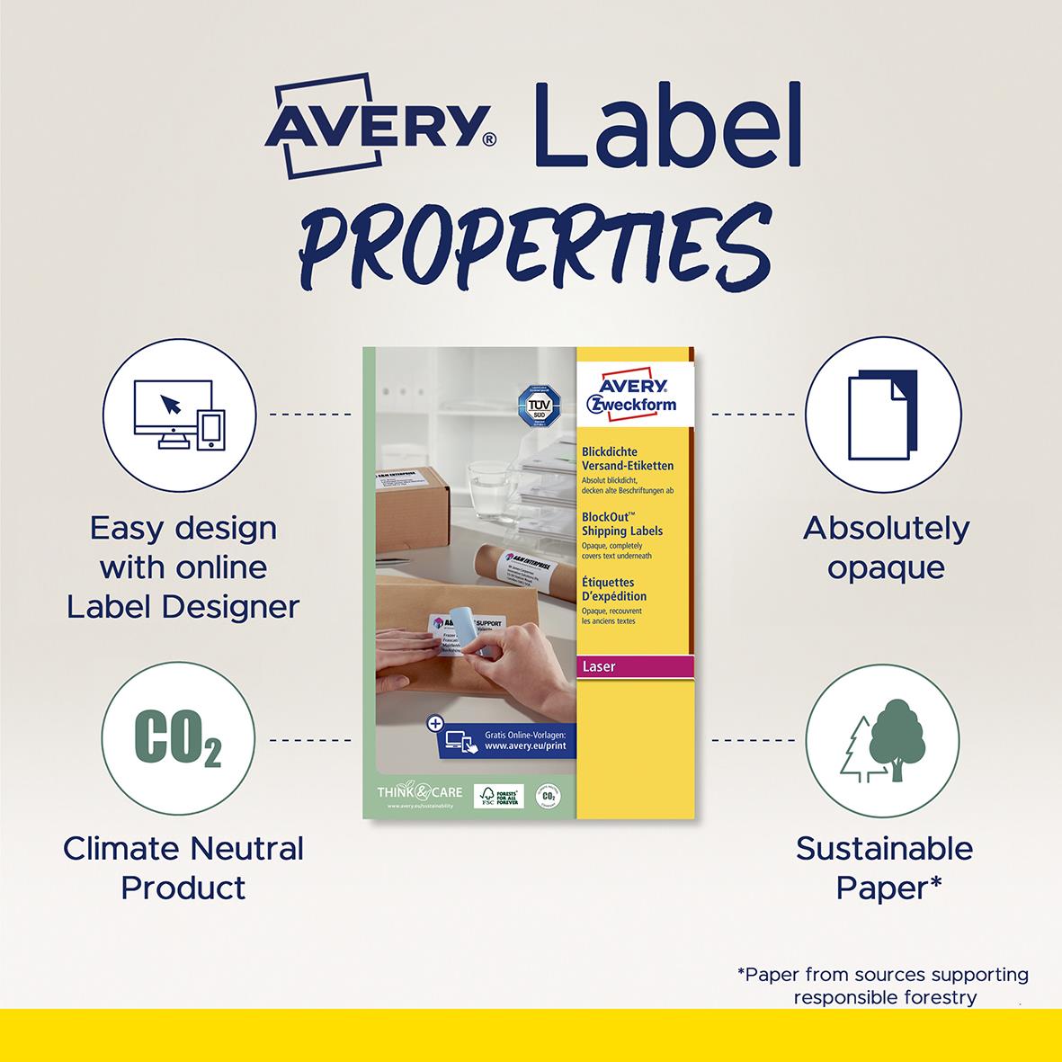 Etikett Avery L7165B BlockOut 99.1 x 67.7mm, designad för att vara helt ogenomskinlig, miljövänligt och lätt att skapa med online etikettverktyg.