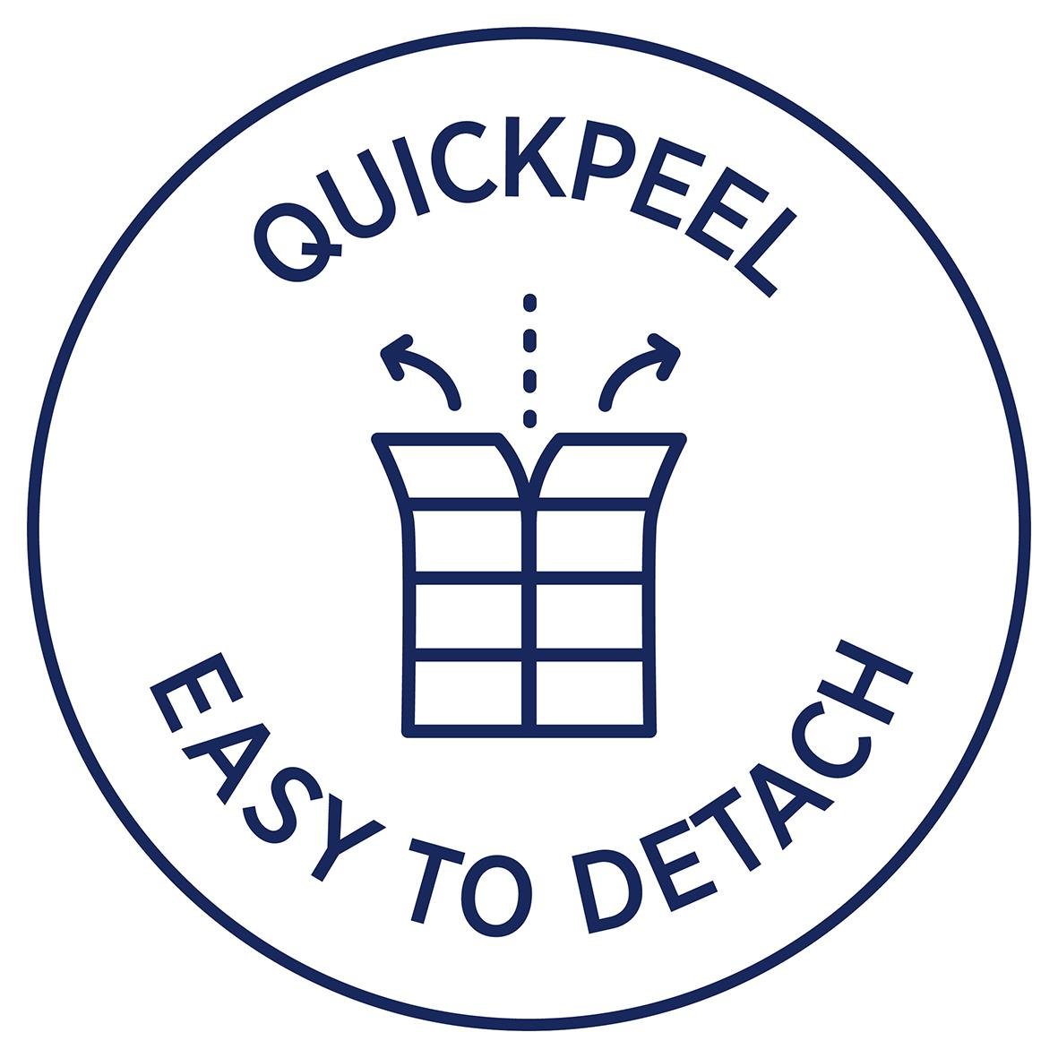 Etikett med text Quickpeel Easy to Detach och illustration av peelbar yta