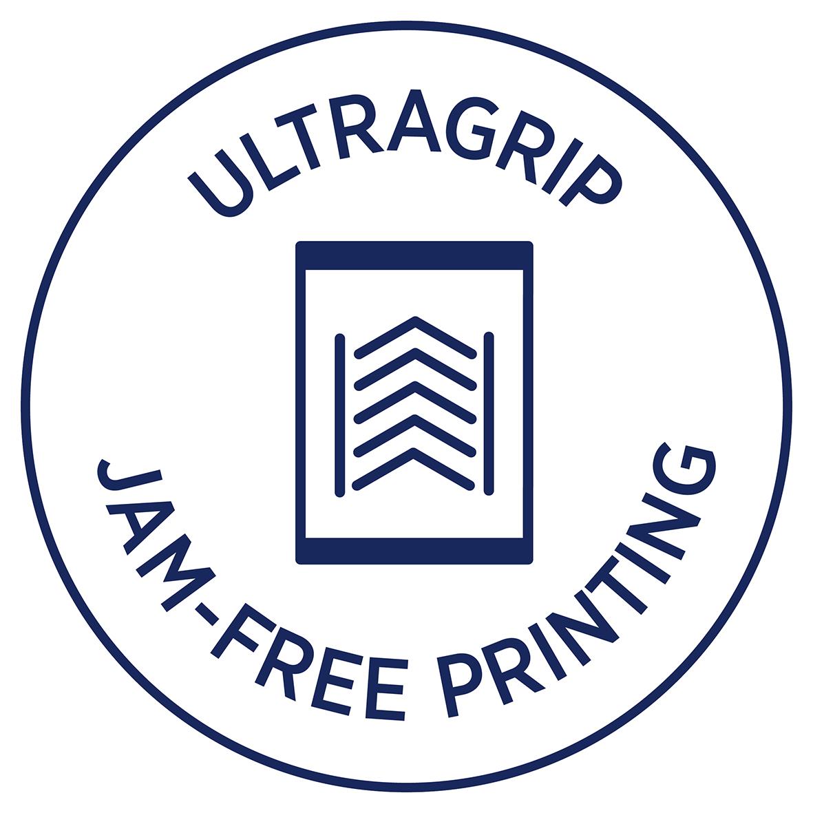 Etikett med texten ULTRAGRIP JAM-FREE PRINTING och en symbol av en etikett