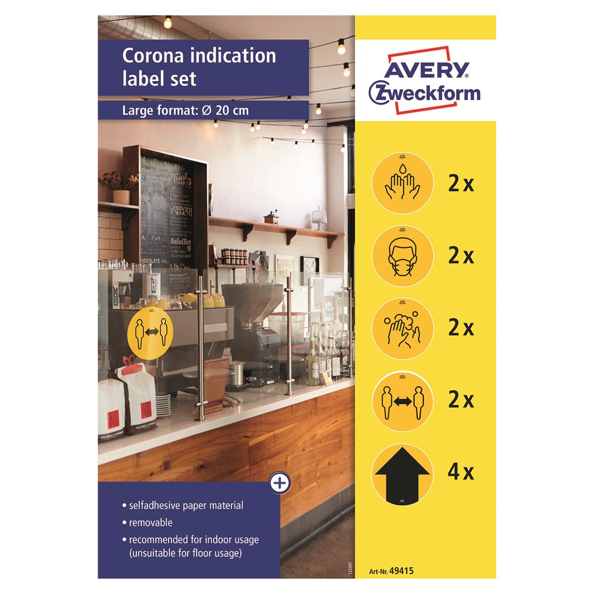 " för Corona Indication av Avery, gul, diameter 20 cm, innehåller 2 av varje typ, självhäftande, för inomhusbruk."