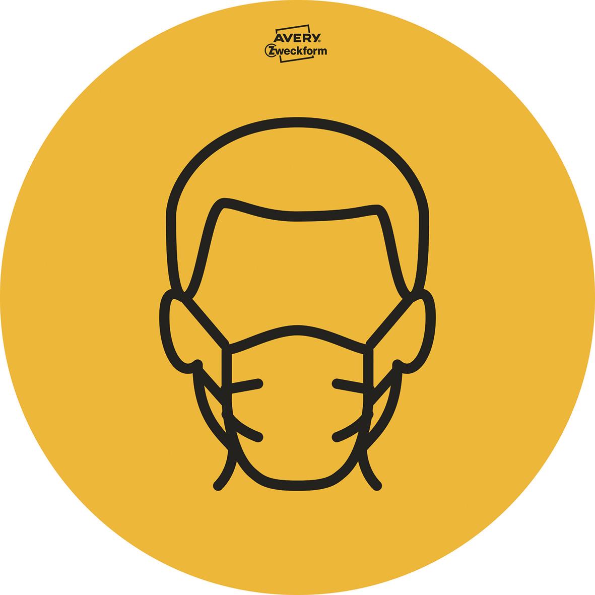 Gul etikett med bild av person som bär ansiktsmask, diameter 20 cm
