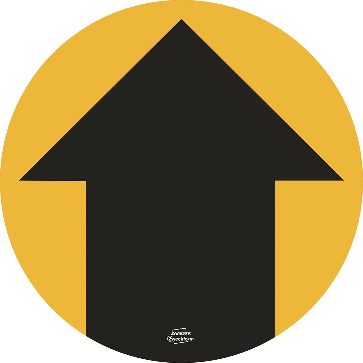 Gul etikett med svart uppåtriktad pil, diameter 20 cm