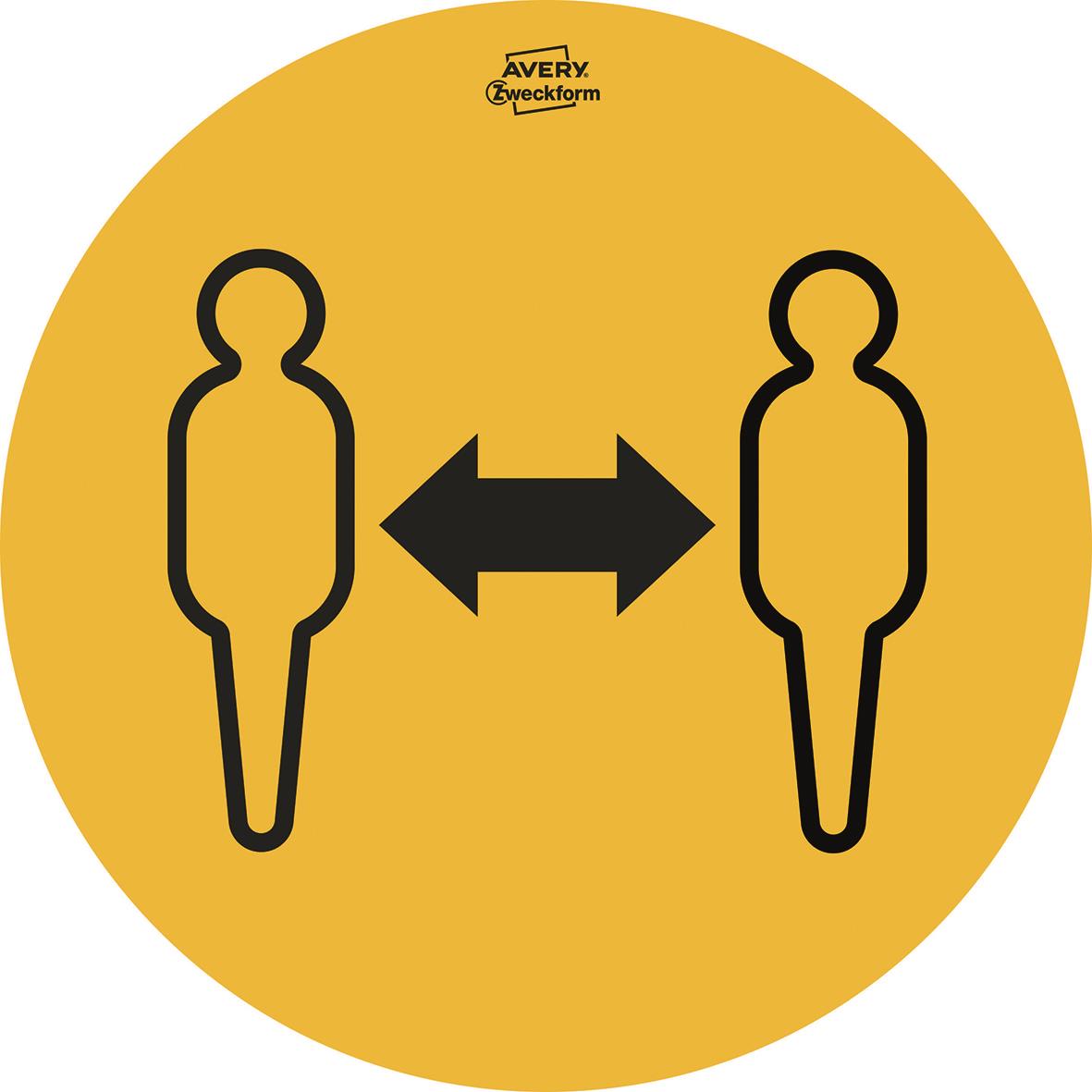 Gul etikett med två personer och pilar som visar avstånd på 20 cm