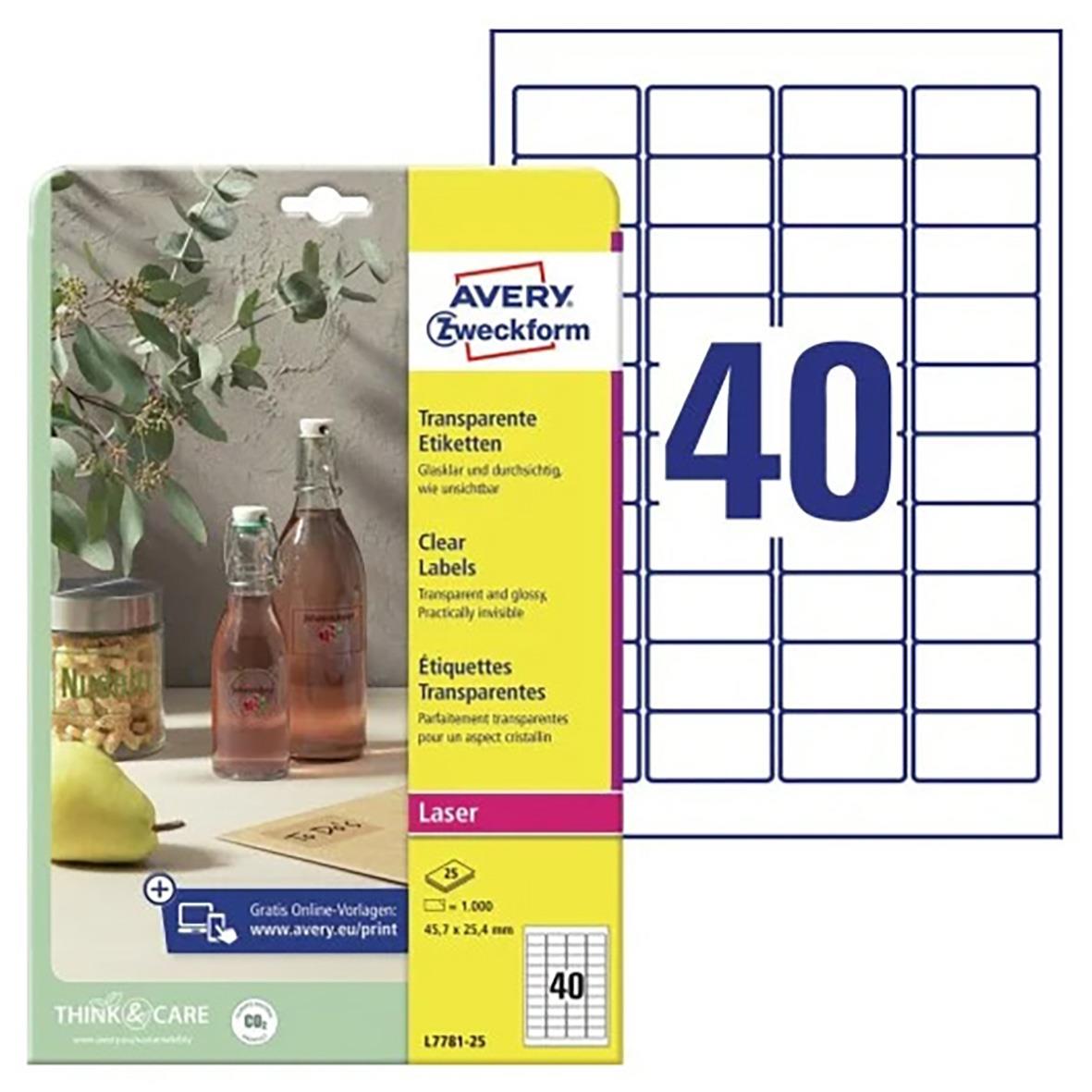 Förpackning med 40 transparenta laseretiketter Avery L7781 Crystal Clear 45,7x25,4mm