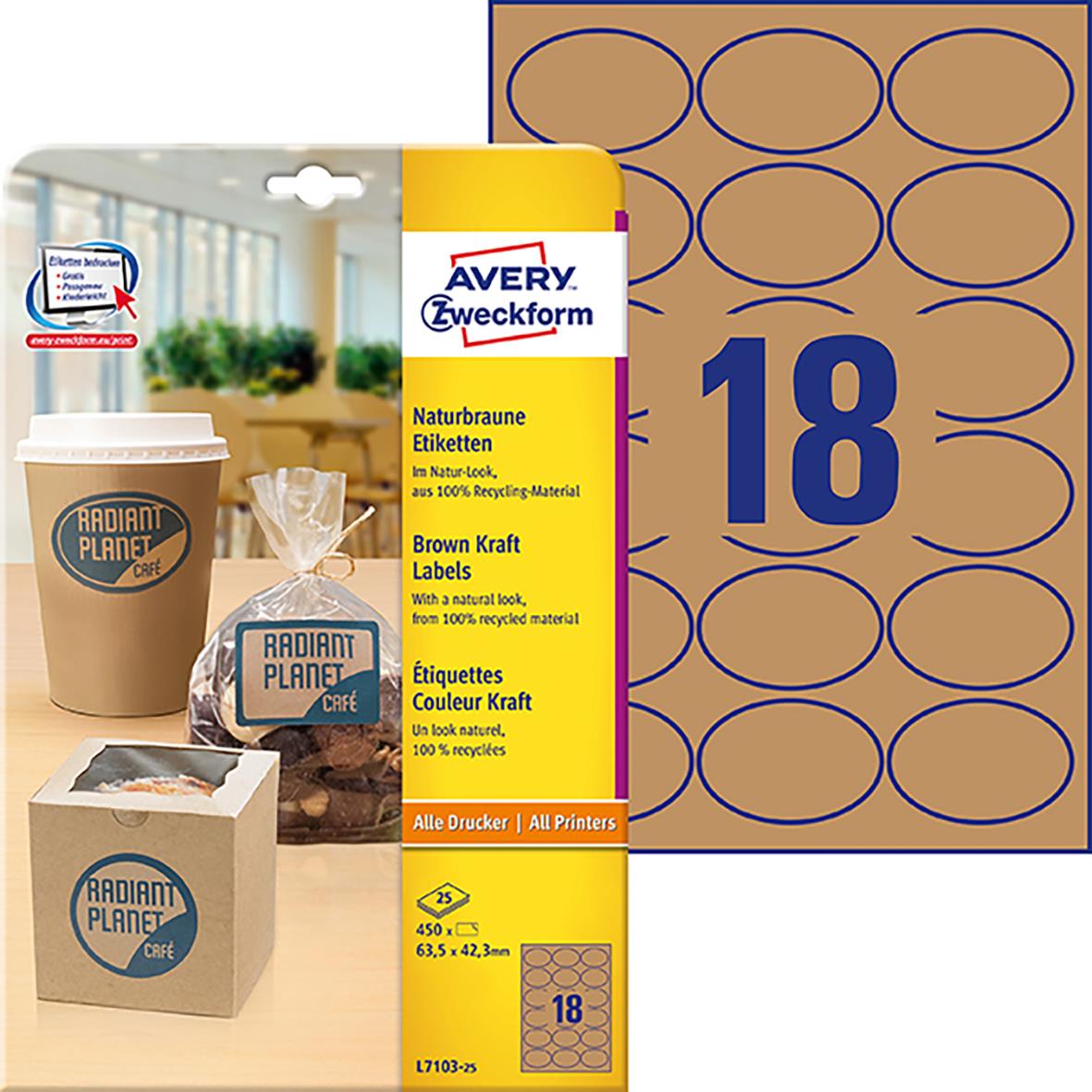 Etikett Avery L7103 Brun Recycle oval 63,5x42,3mm