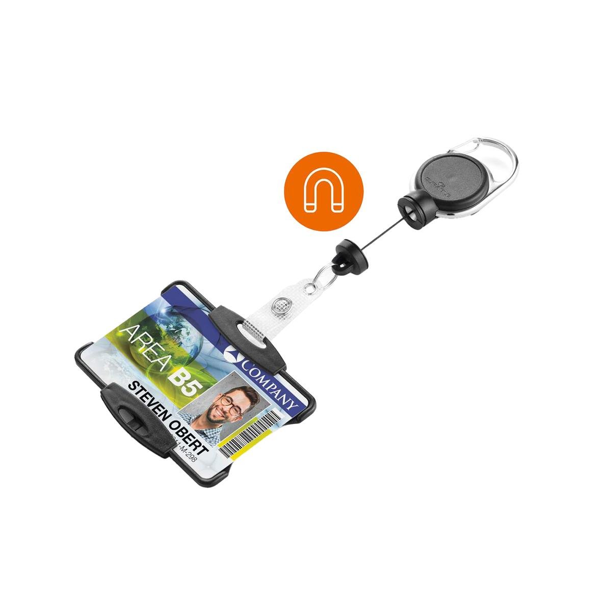 Svart korthållare med jujon för ID-kort och hörlursadapter