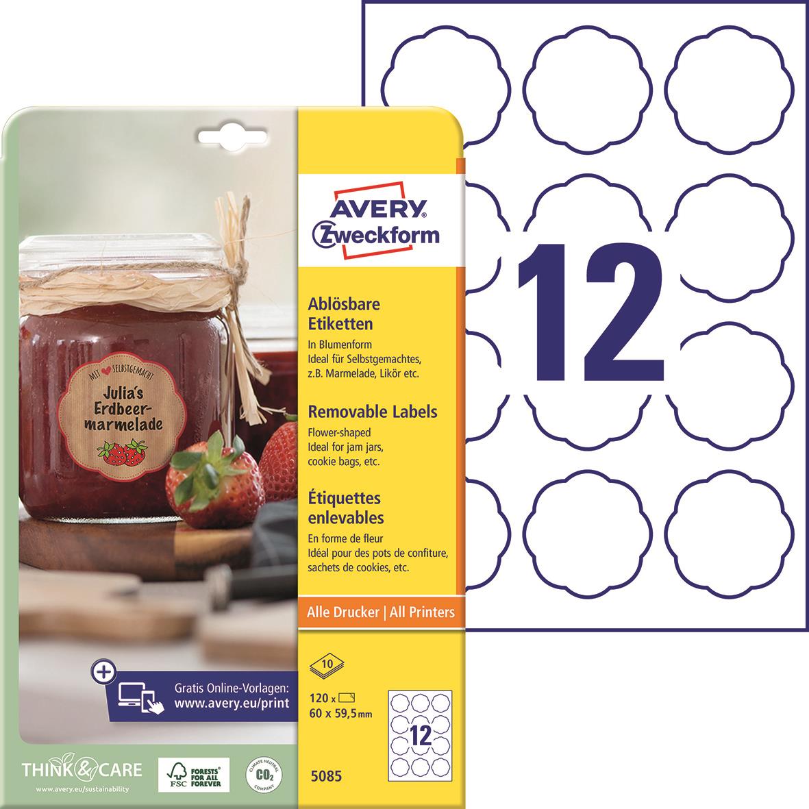 Rund etikett Avery L5085, avtagbar, vit, Ø60mm, 12 st