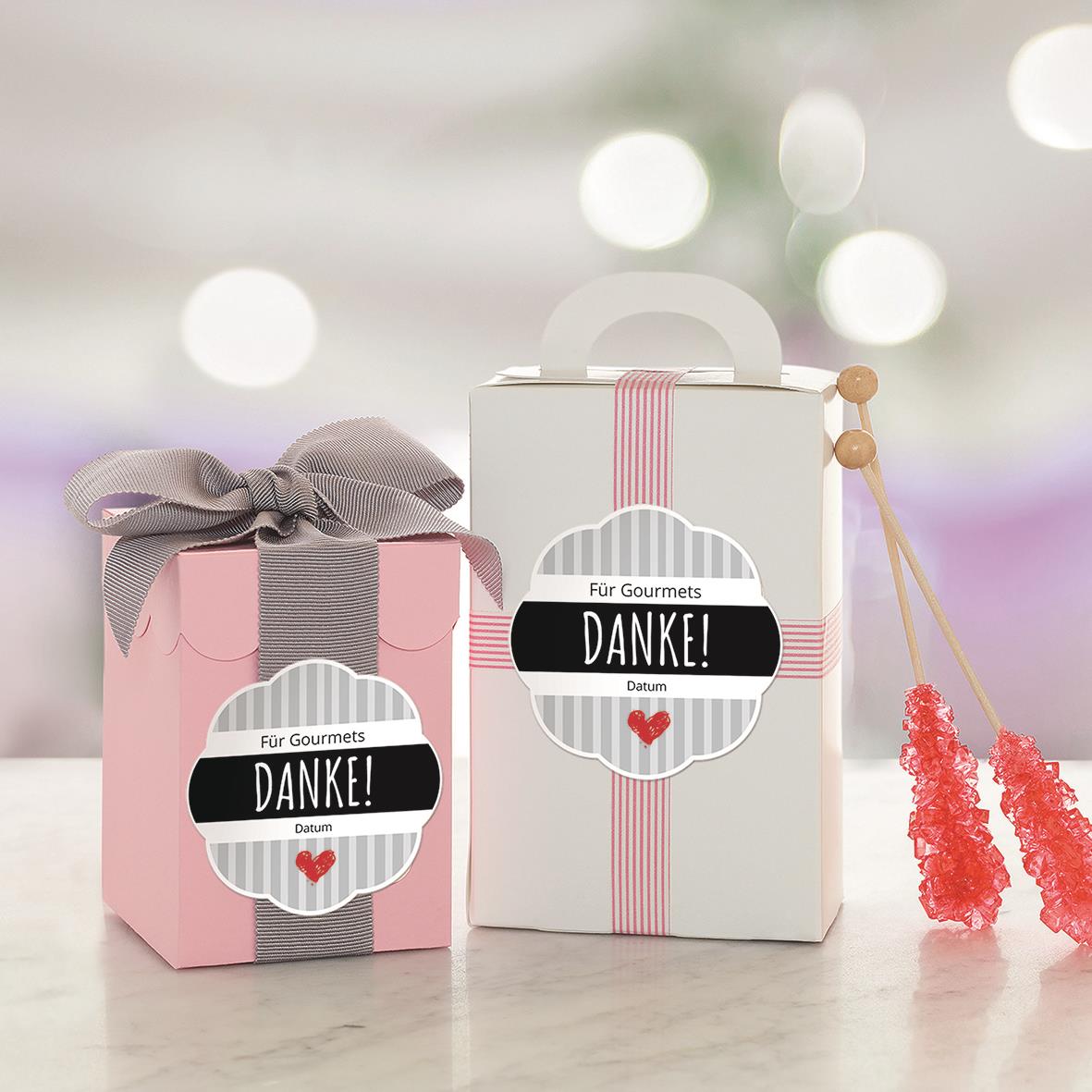 Rund etikett Avery L5085, vit, Ø60mm, avtagbar, för gåvor, med text DANK! och hjärta