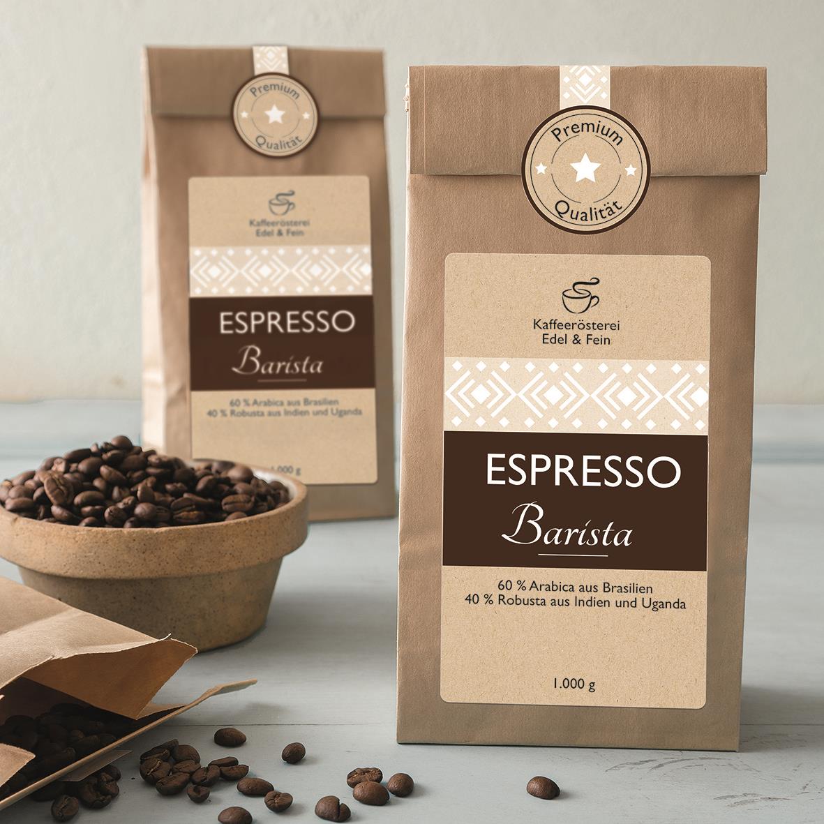 Etikett Avery L7105 Recycle Rund Brun Ø40mm på kaffepaket med kaffebönor