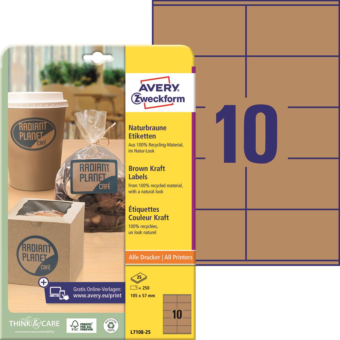 Etikett Avery L7108 Recycle Brun 105x57mm för utskrift, 10 etiketter per ark, miljövänligt material