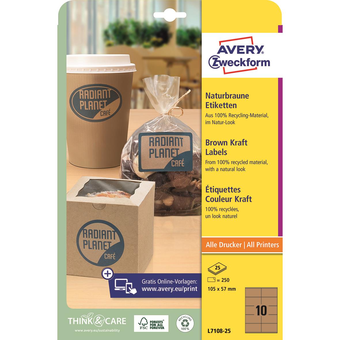 Bruna etiketter för återvinning av papper, 105x57mm, Avery L7108, 250 st