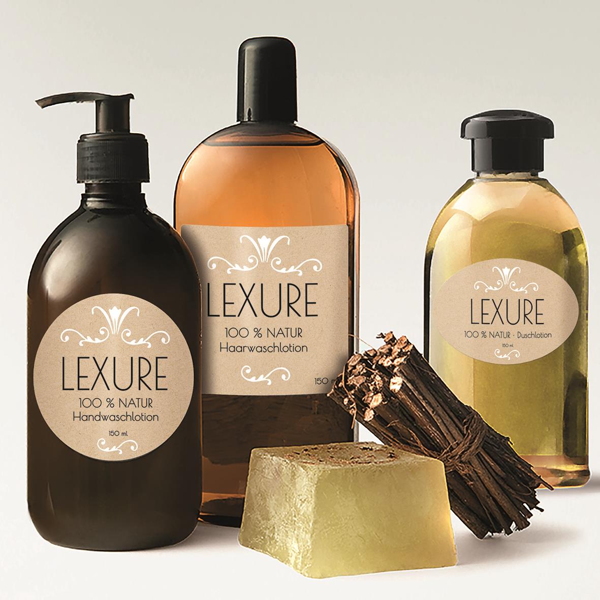 Tre LUXURE tvålflaskor och ett tvålstycke, etikett Avery L7108 Recycle Brun 105x57mm