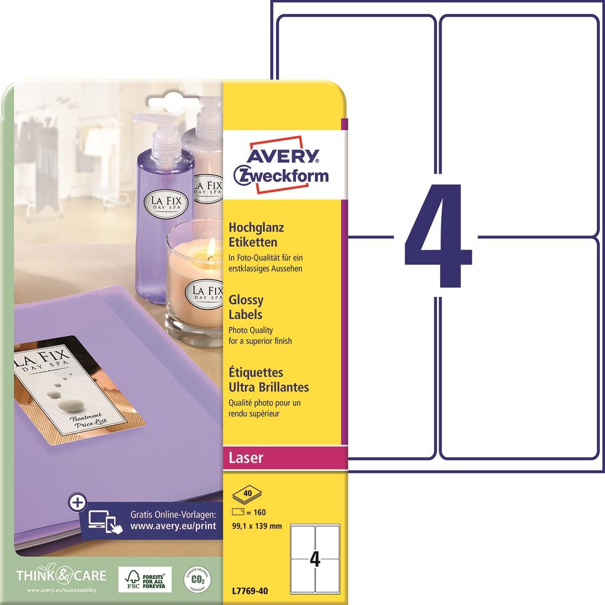 Fotoetikett Avery L7769 Glossy Vit 99,1x139mm för utskrift, 4 ark