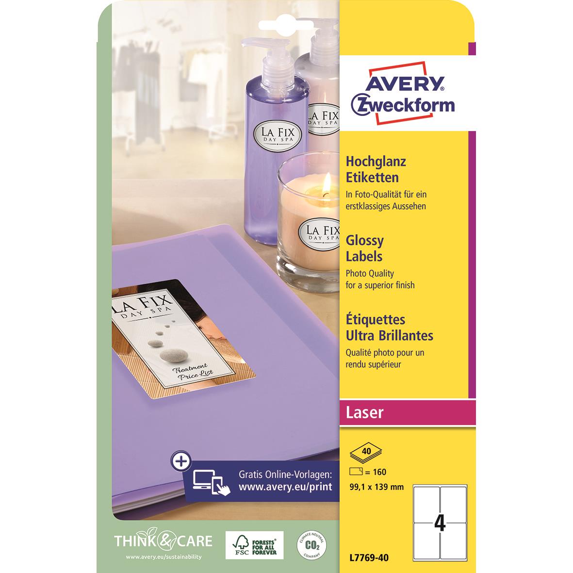 Fotoetikett Avery L7769 blank vit 99,1x139mm för utskrift, glossy yta, laser, 40 ark
