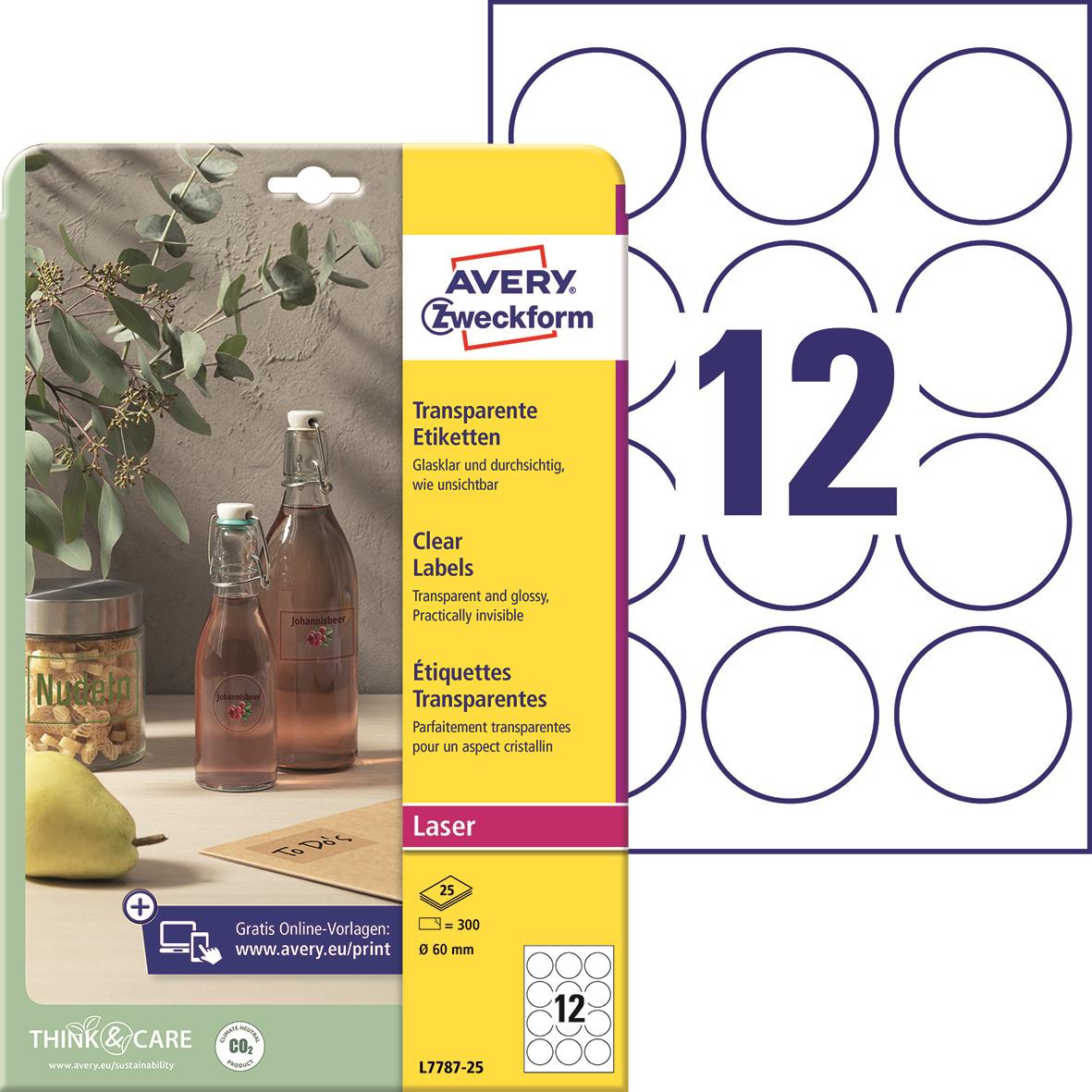 12 genomskinliga laseretiketter Avery L7787 med diameter på 60mm, packade i en gul och vit förpackning
