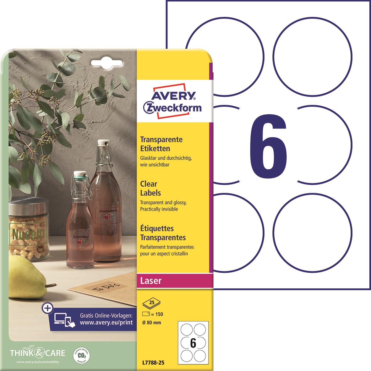 Runda laseretiketter Avery L7788 Crystal Clear Ø80mm, 6-pack, transparent och självklistrande