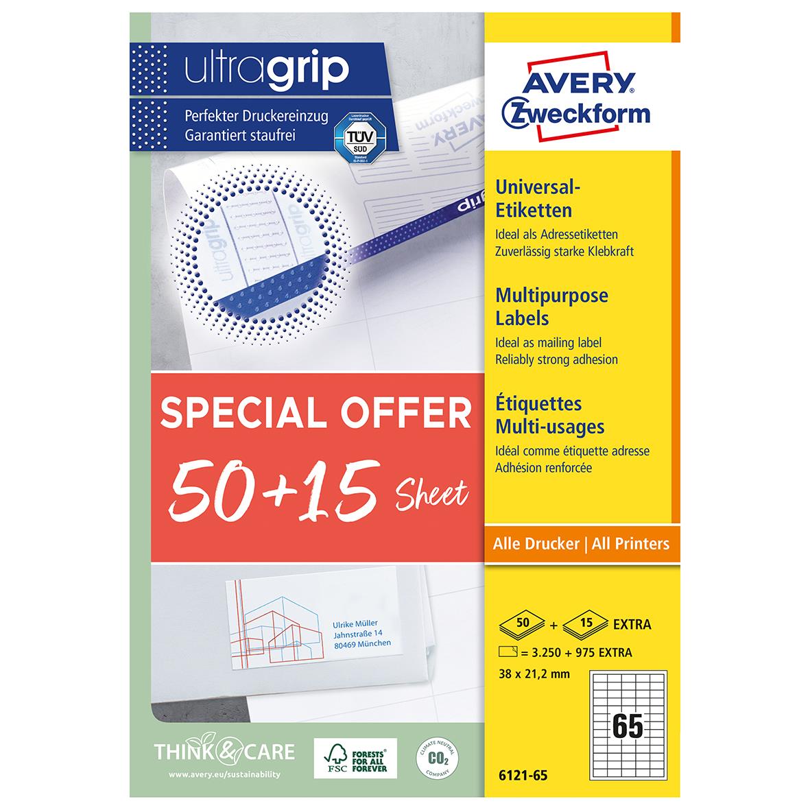 Universaletikett Avery Promo Pack 38x21,2mm för allmänna utskrifter, 50+15 ark, starkt klister, multipurpose etiketter