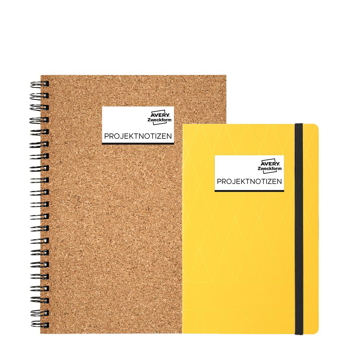 Universaletikett Avery Promo Pack 38x21,2mm på spiralbunden anteckningsbok och gul anteckningsbok