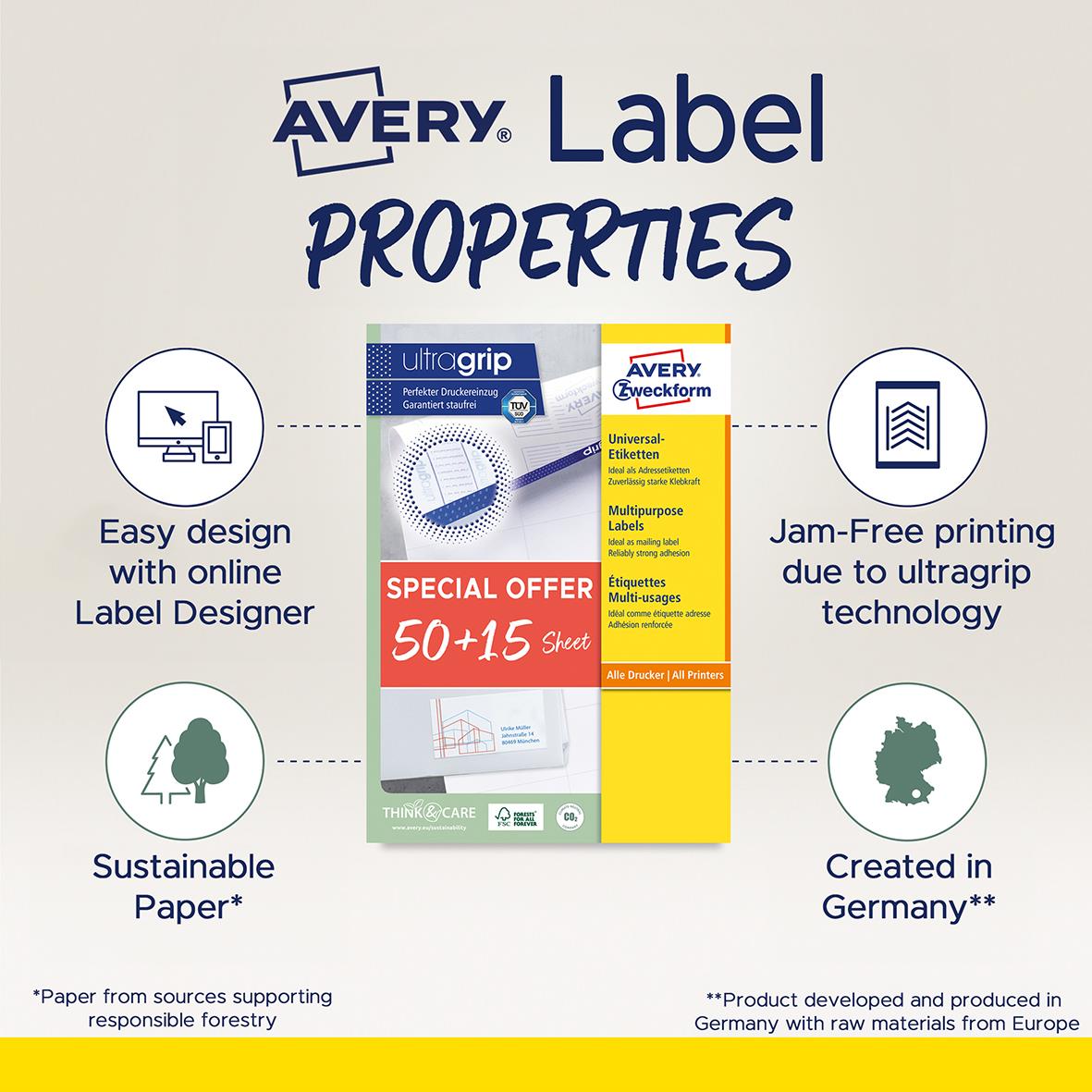 Universaletikett Avery Promo Pack 48,5x25,4mm med online design, hållbart papper och snabb utskrift