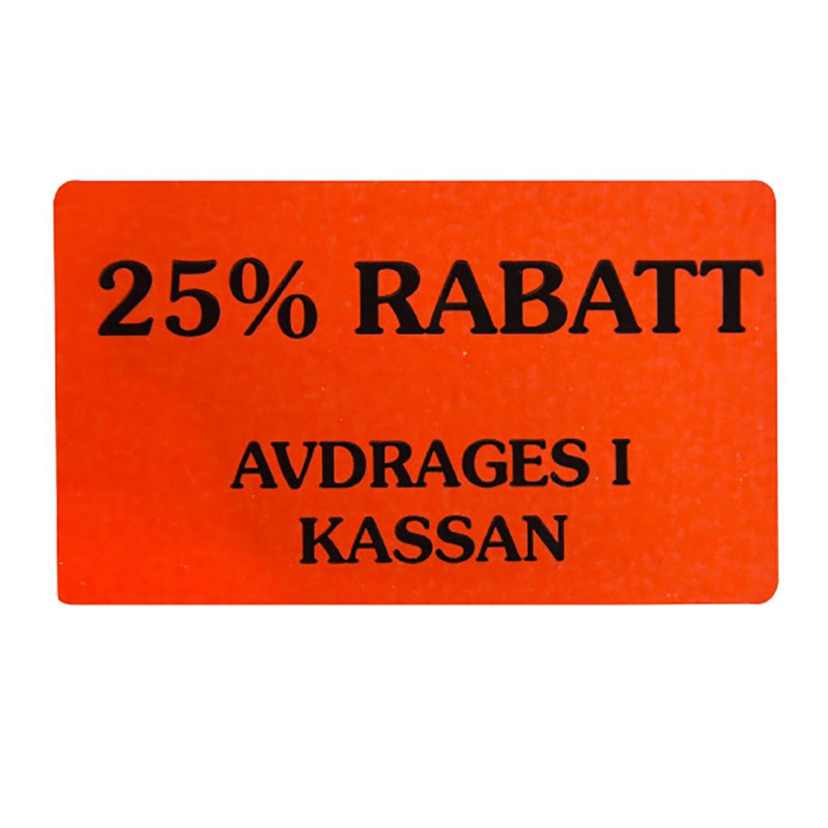 Röd etikett 25% rabatt, avdrages i kassan, 50x30mm