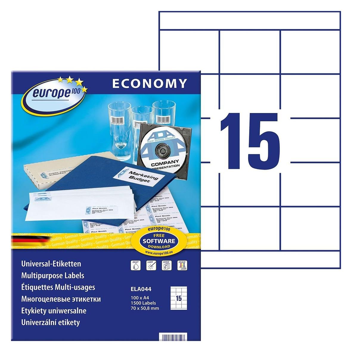 Vit universaletikett för multipurpose användning, 70x50,8mm, 15 etiketter per ark