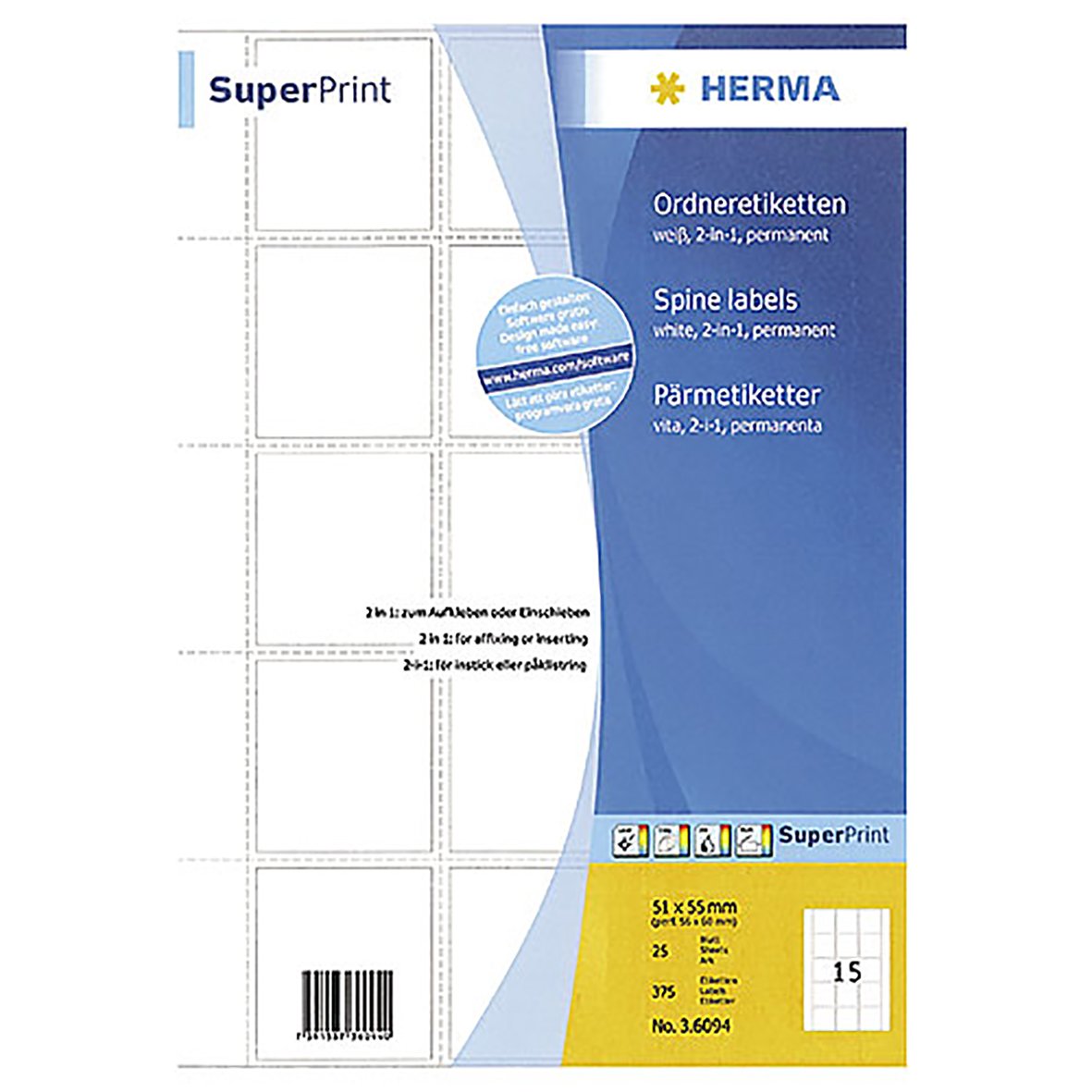 Självhäftande pärmetikett för instick, 51x55 mm, 15 etiketter, vit, permanent lim, för ordner och spinale etiketter