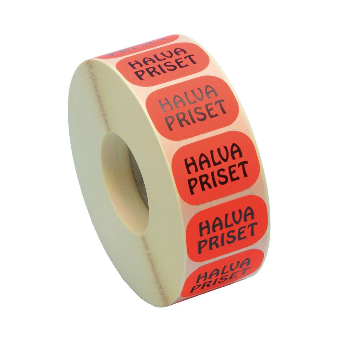 Röd etikett med text Halva Priset 34x24mm, rullad på en spole