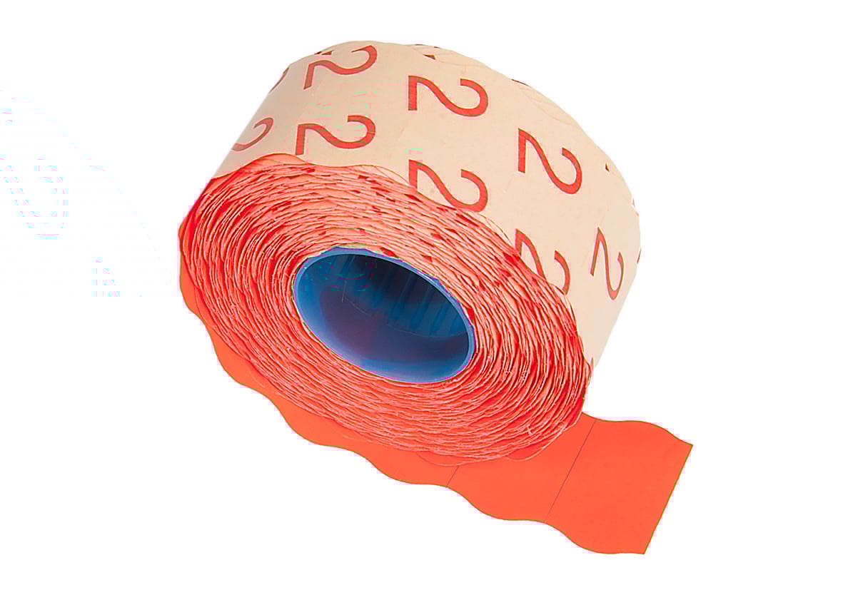 Röd prismärkning G2 etikett 26 x 16 mm rullad på en spole