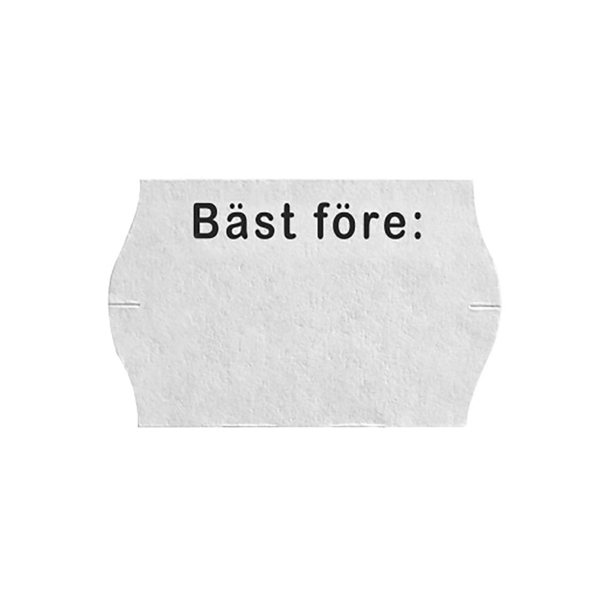 Vit etikett med text Bäst före: