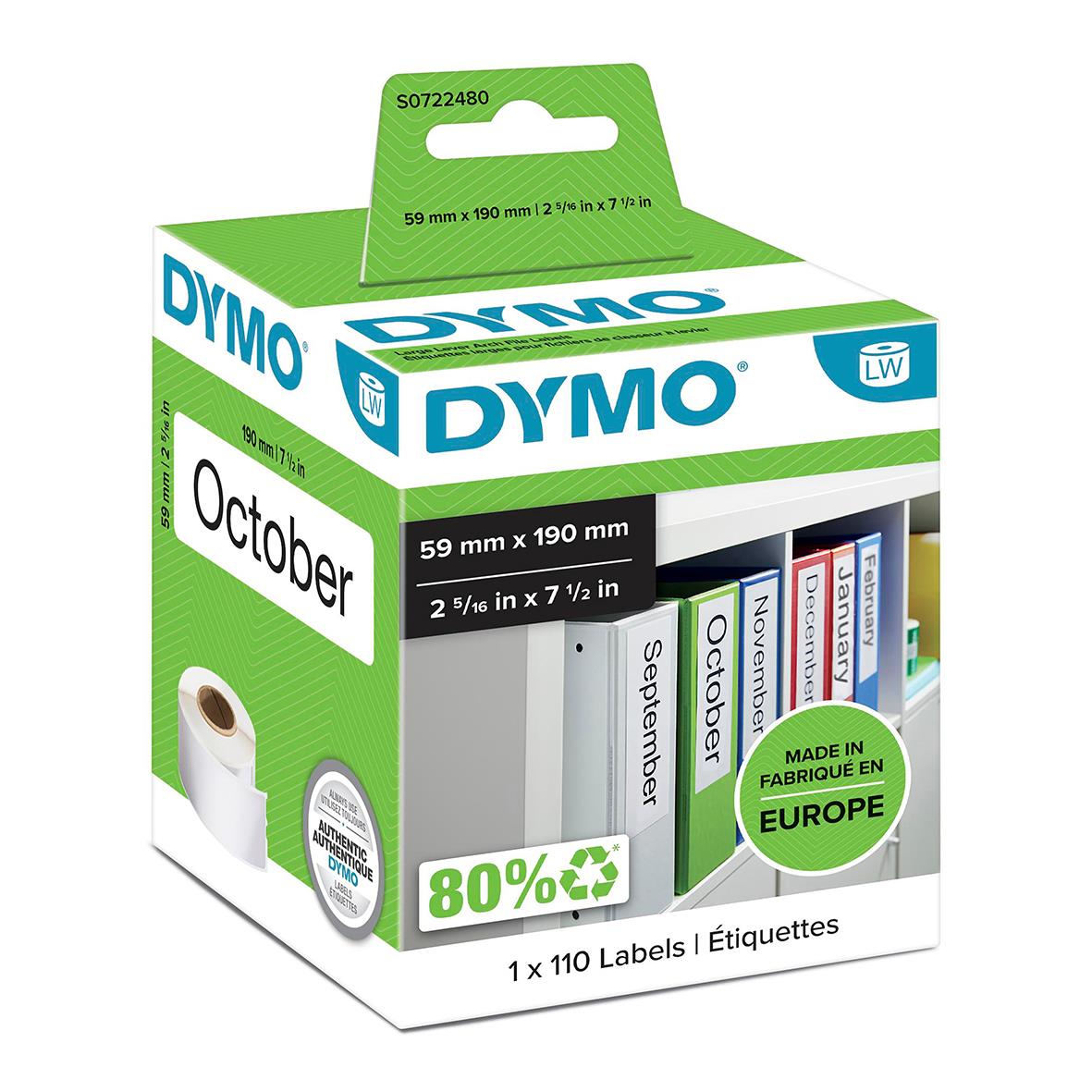Vit Dymo Labelwriter etikett för pärm 190x59mm, 80% återvinningsbar, för October etiketter