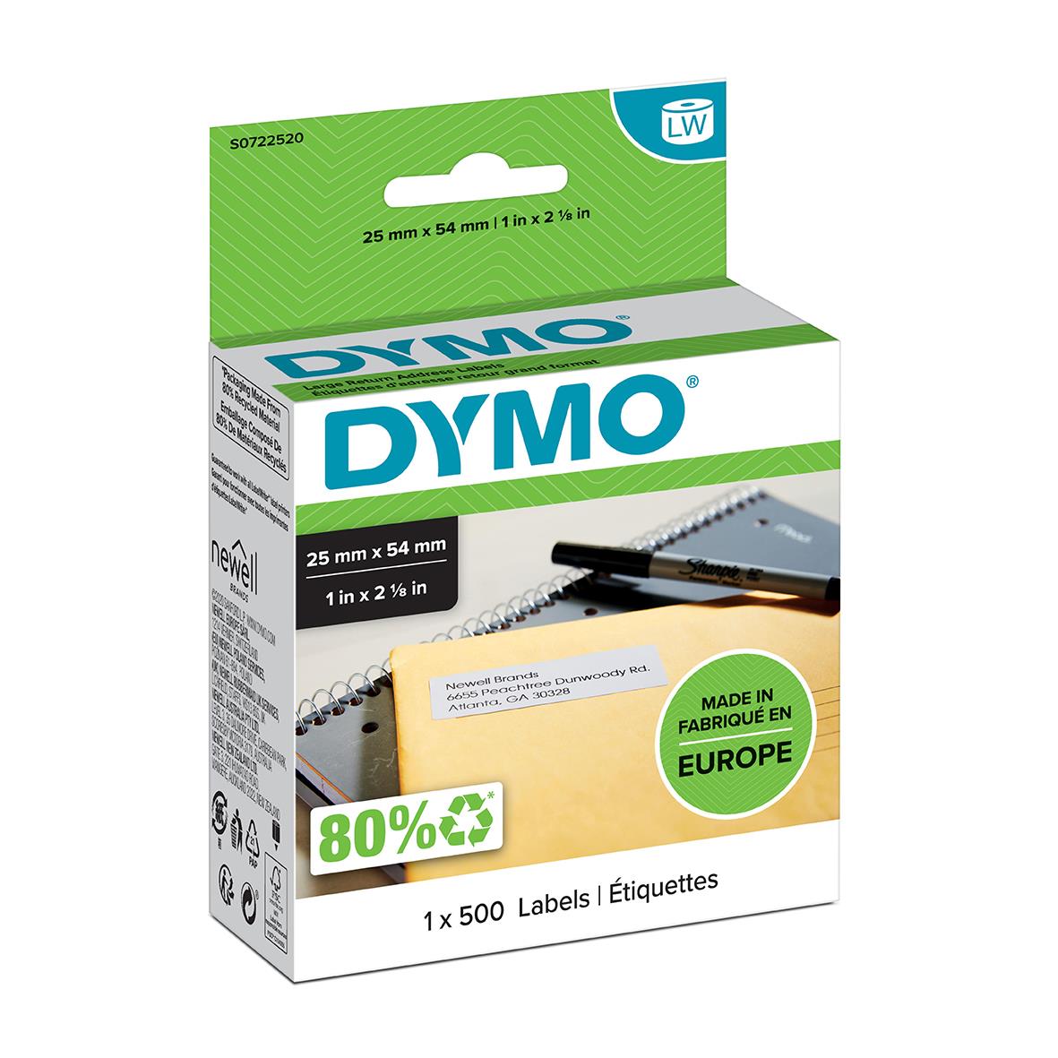 Vit Dymo etikett för adress 25x54mm, 1 av 500 etiketter