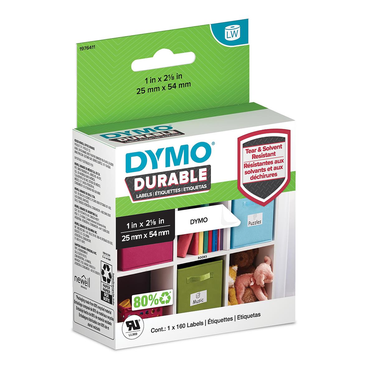 Dymo etikett Durable Vit 25x54mm för skrivare, tålig mot tårar och lösningsmedel, 160 etiketter per förpackning