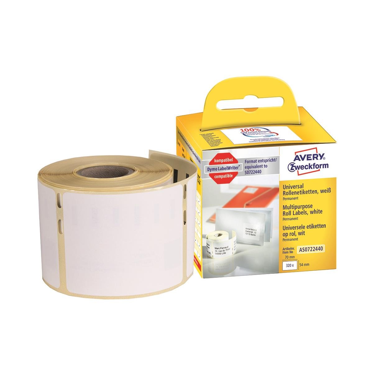 Vit Avery universaletikett för skrivare, 54x70mm, på rulle