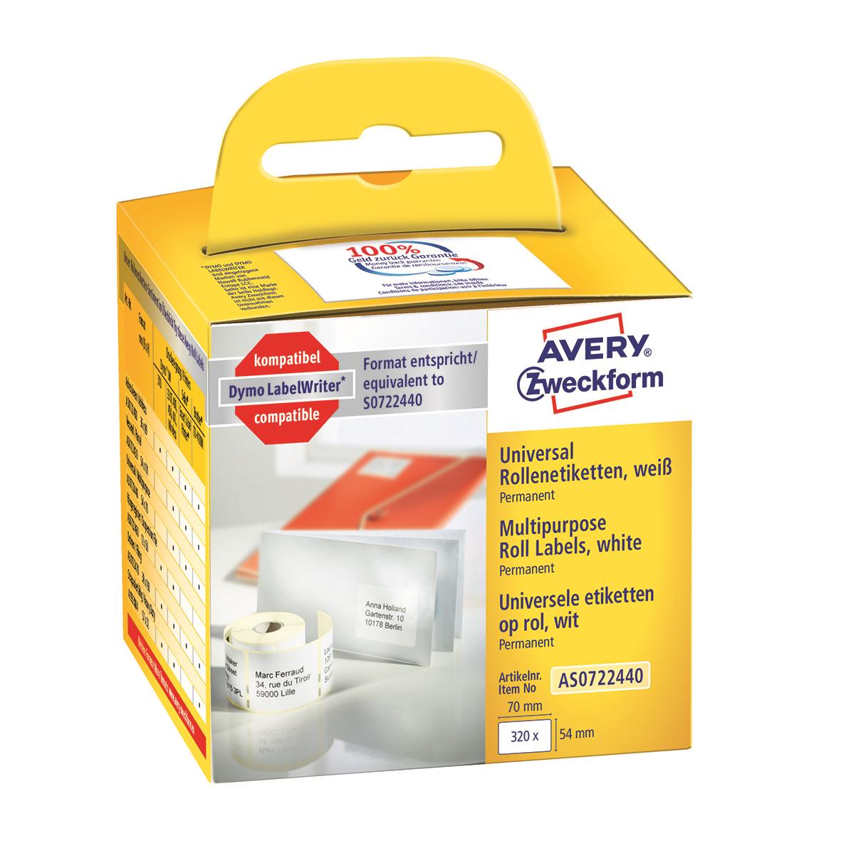 Avery Universaletiketter vit 54x70mm i förpackning med handtag och etikettutskrift