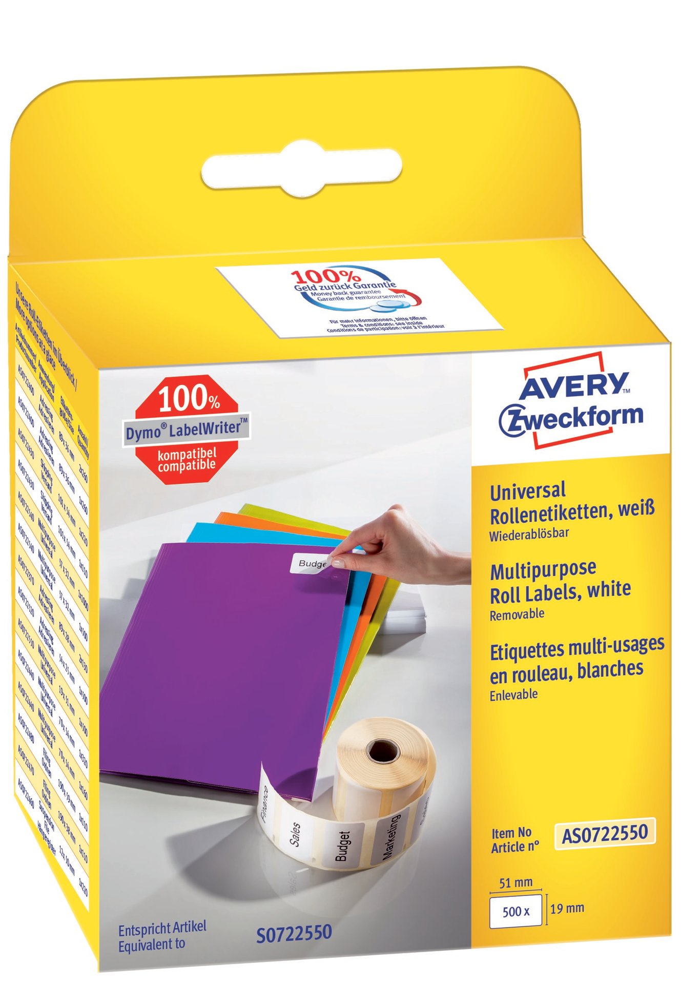 Vit universaletikett 19x51mm från Avery, avtagbara, multipurpose, 500 etiketter per förpackning