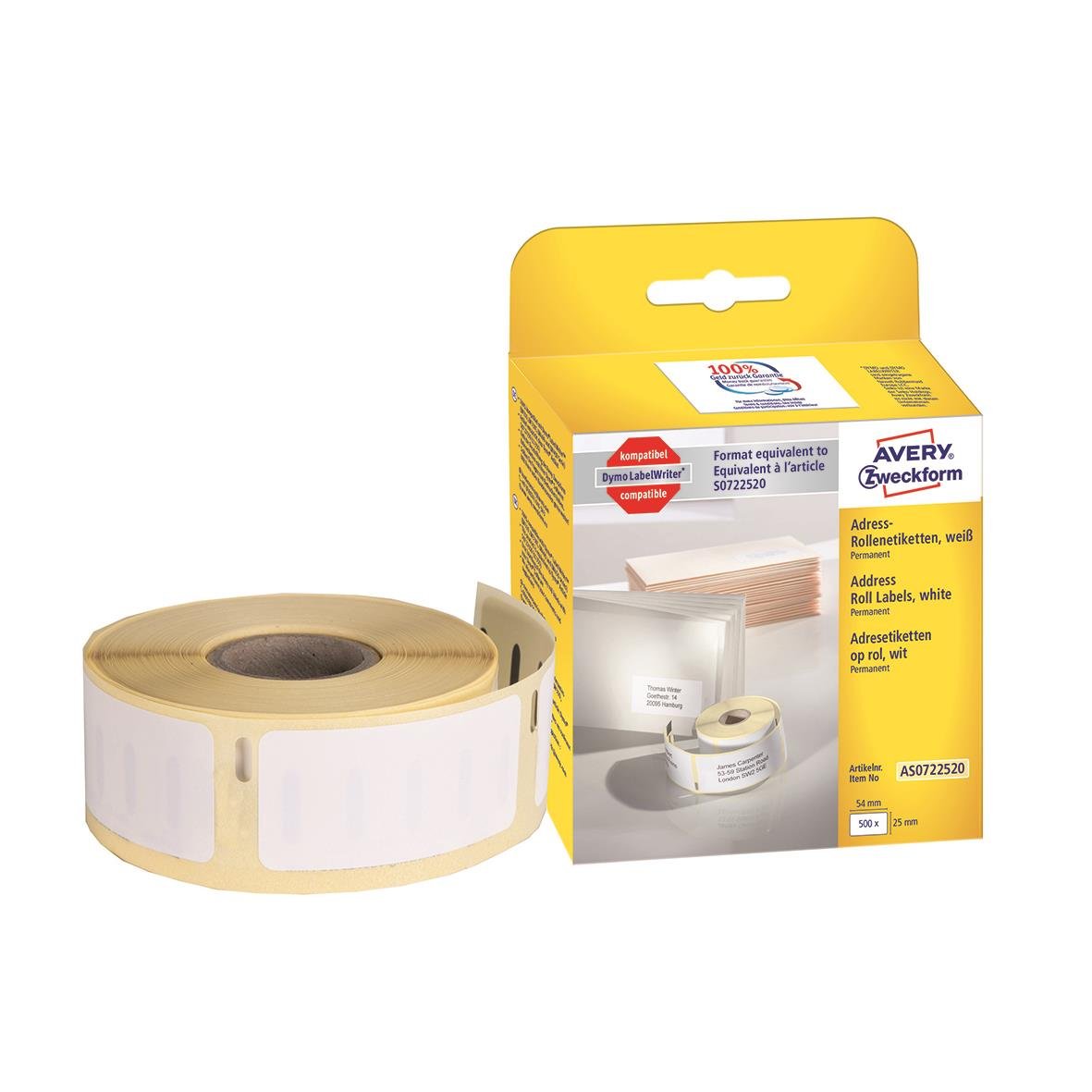 Vit adressetikett på rulle med förpackning