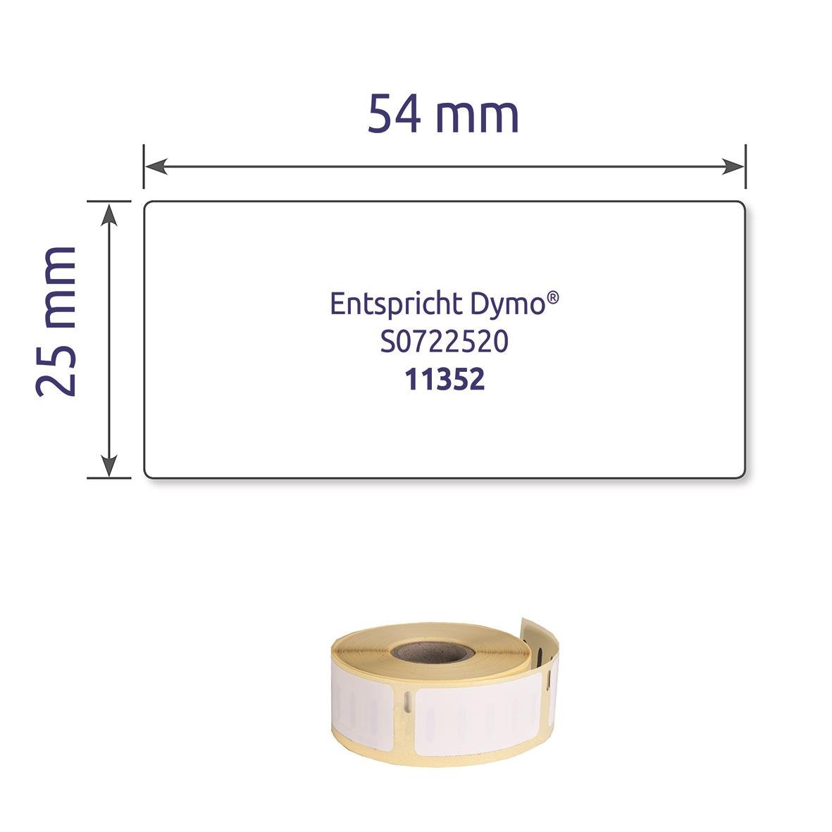 Vit adressetikett från Avery med måtten 25x54mm och text Entspricht Dymo S0722520 11352