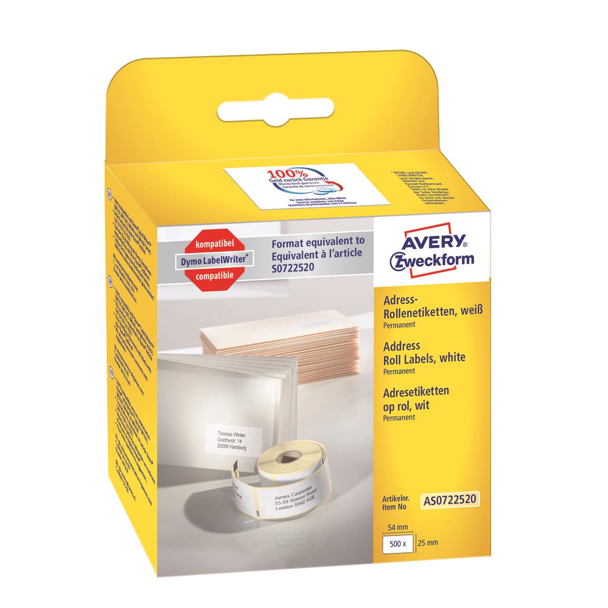 Vit adressetikett med måtten 25x54mm i förpackning med 500 etiketter