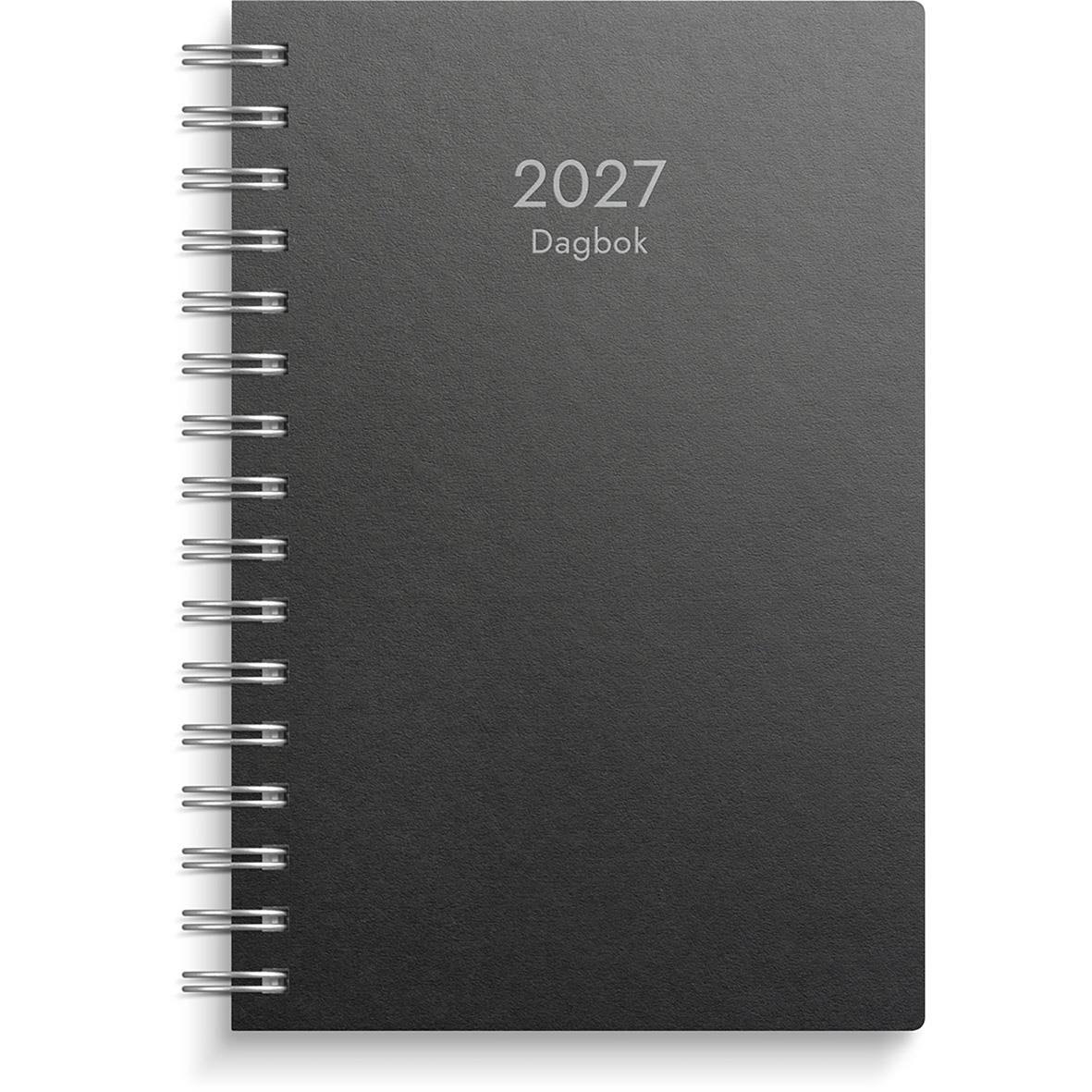 Svart almanacka och dagbok för 2026 med veckoplanering och plats för anteckningar
