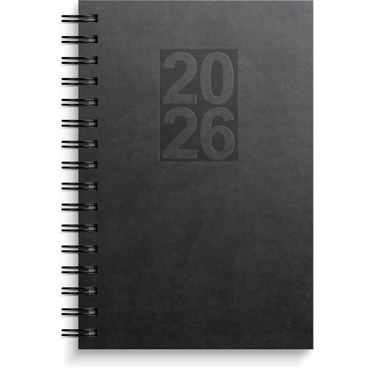 Svart almanacka för 2026 med spiralrygg och konstläderomslag