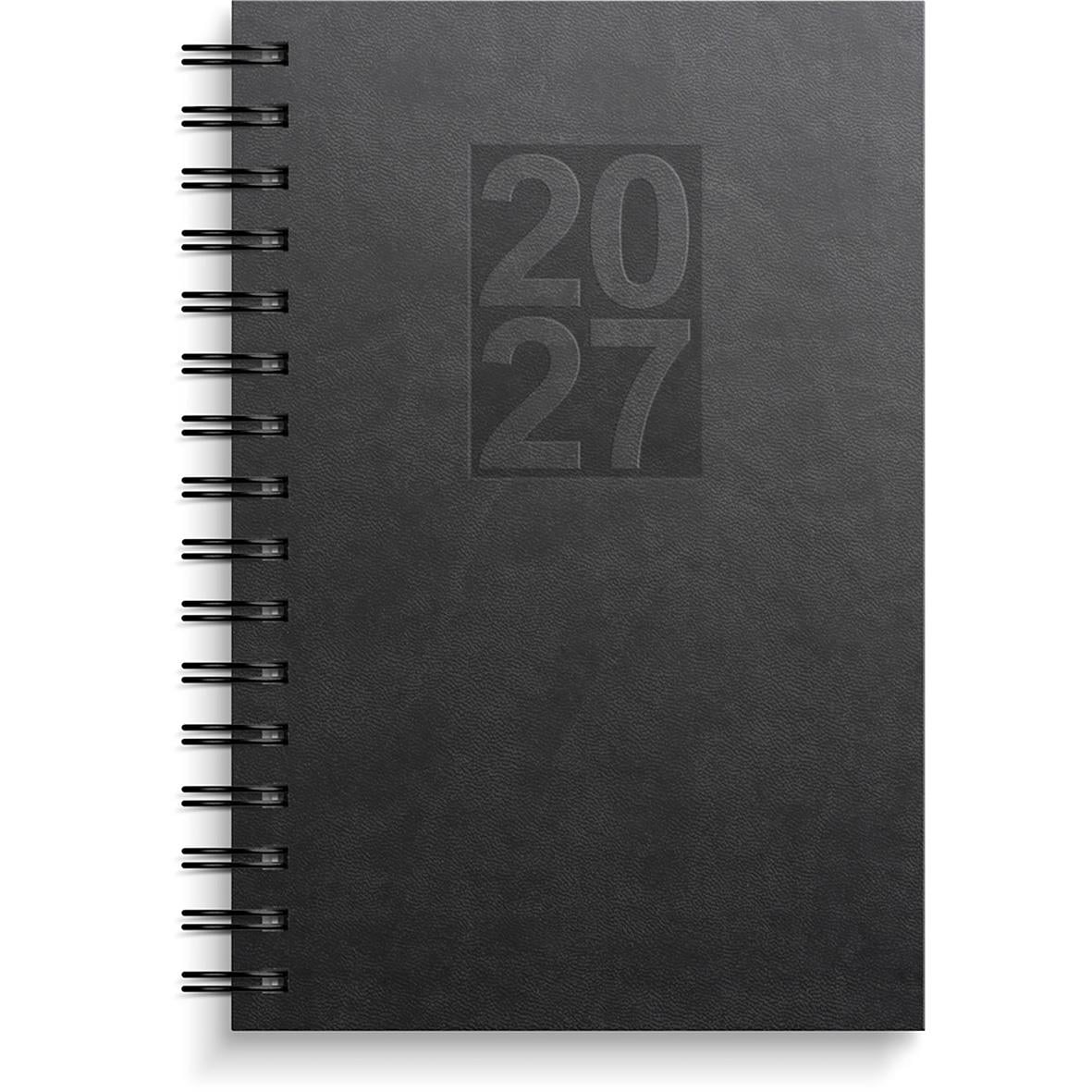 Svart almanacka för 2026 med spiralrygg och konstläderomslag