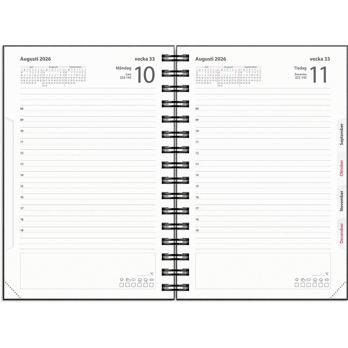 Öppen dagbok för vecka 33 i augusti 2026 med plats för anteckningar, i konstläderomslag