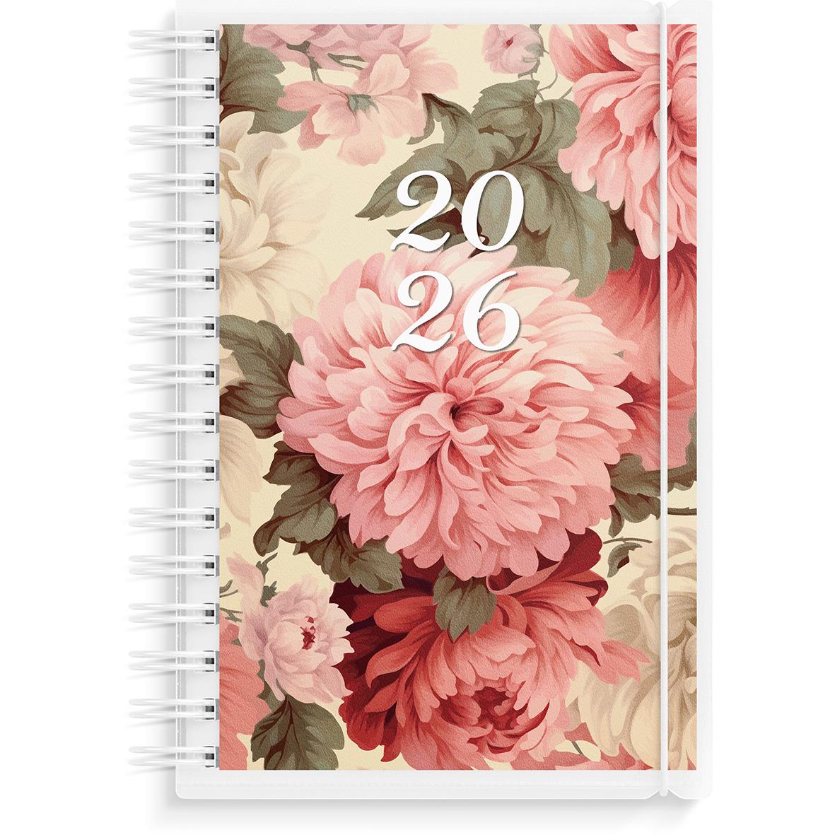 Blommig almanacka och dagbok för 2026 med spiralrygg och omslag i rosa och beige nyanser