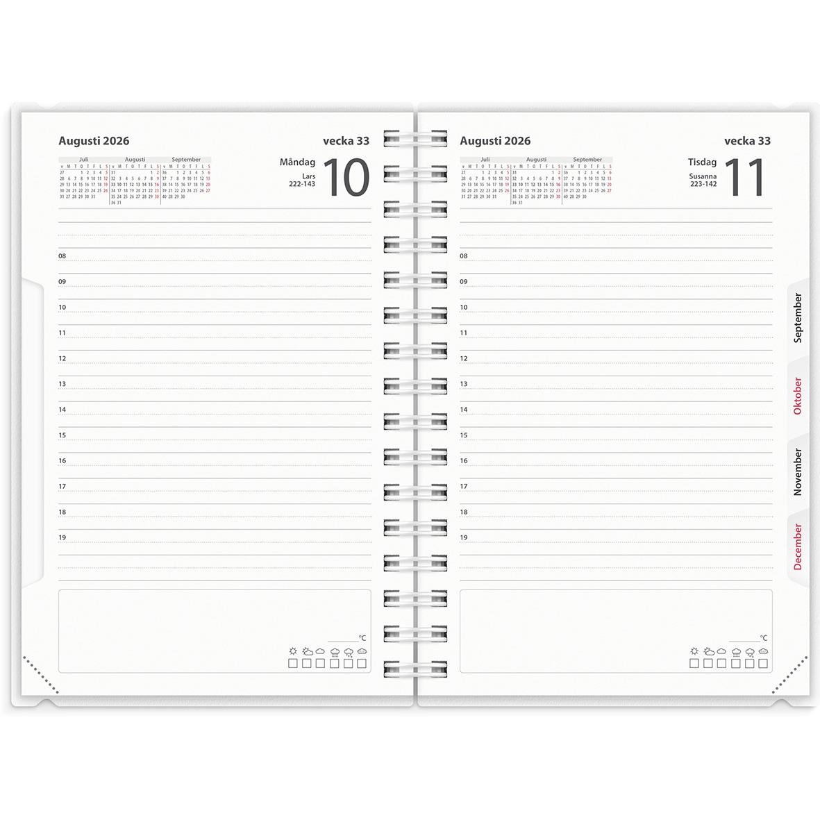 Öppnad dagbok för augusti 2026 med veckoplanering och plats för anteckningar, omslag i PP-material