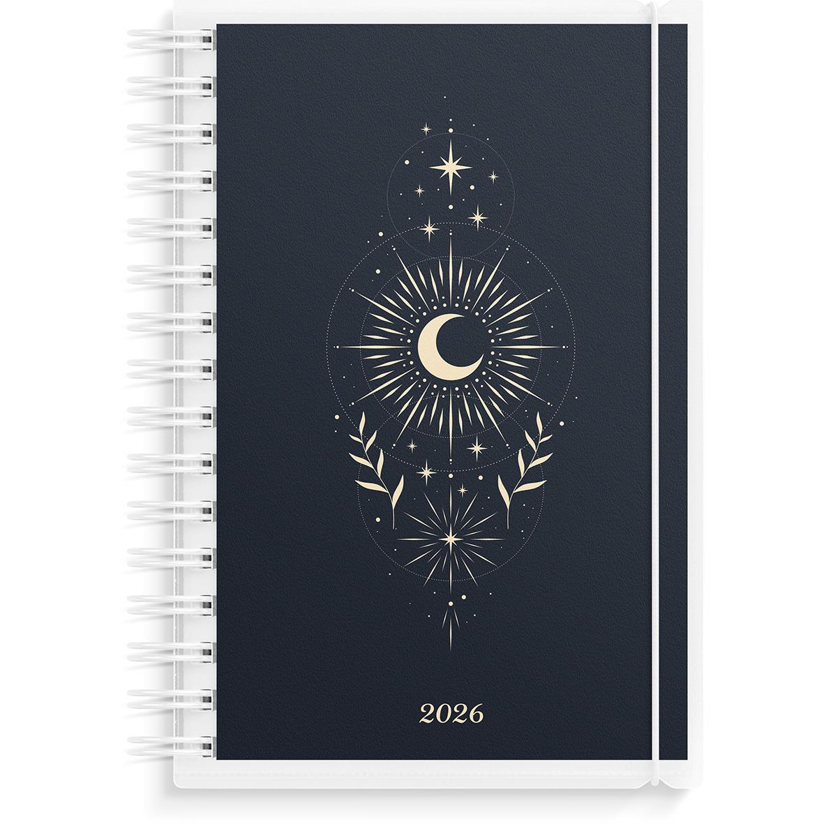 Årsdagbok för 2026 med mörkblått omslag och stjärnor, måne och ljusdesign