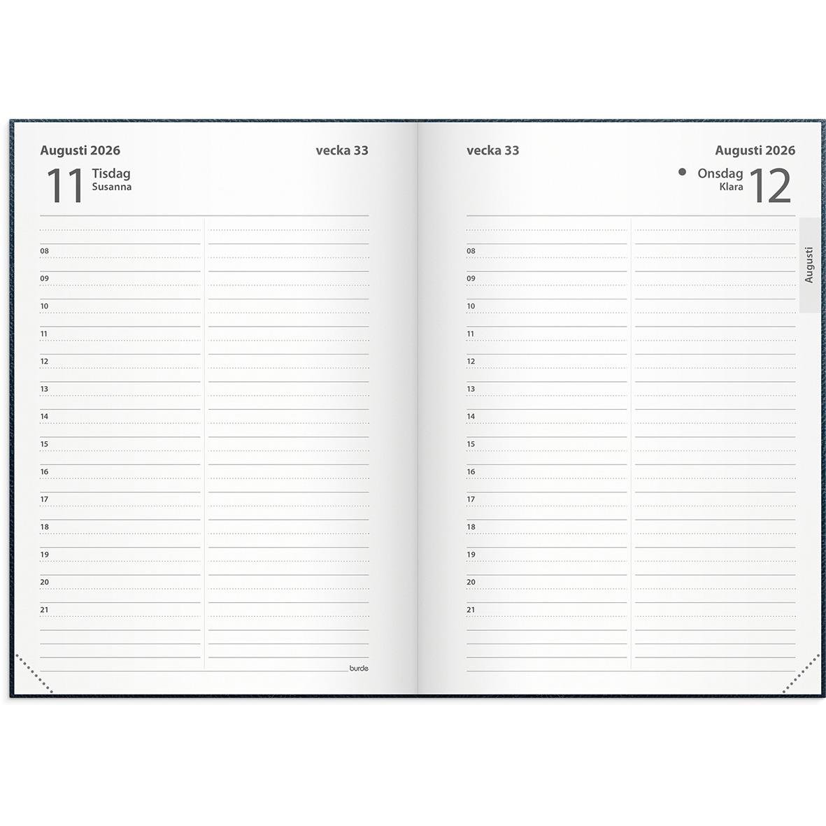 Liten blå dagbok för 2026 med konstläder, A6-format, veckoplanering för augusti 2026