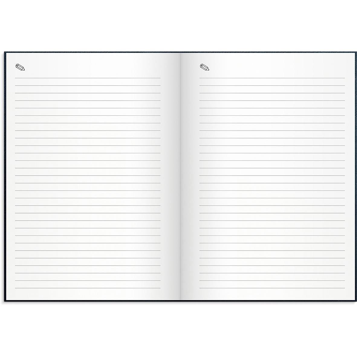 Blå liten dagbok med linjer för 2026 i konstläder, A6 storlek, öppen för skrivning